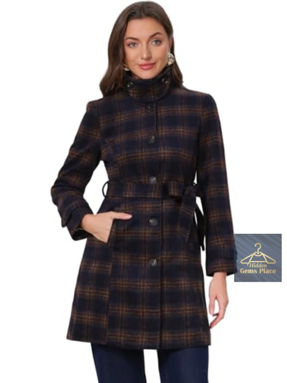 Vintage Plaid Peacoat Stand Collar Winter Coat Women Long Sleeve Overcoat